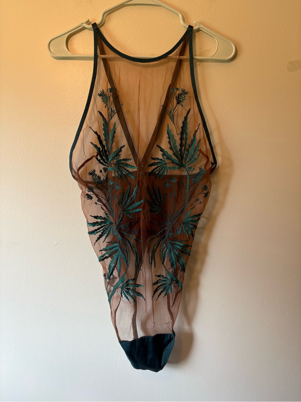 Thistle & Spire Sheer Embroidered Bodysuit, Brown with Green Floral Detail